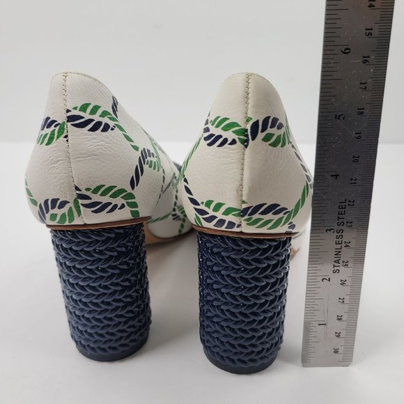 Tory Burch Maritime Pumps Rope Accent Women\'s White/Green/Navy Shoes US Size 7.5